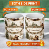 Personalized Custom Name Bear Portrait Circle Seamless Pattern Dark Rustic Wildlife Design 11oz Ceramic Coffee Tea Mug White Large Handle