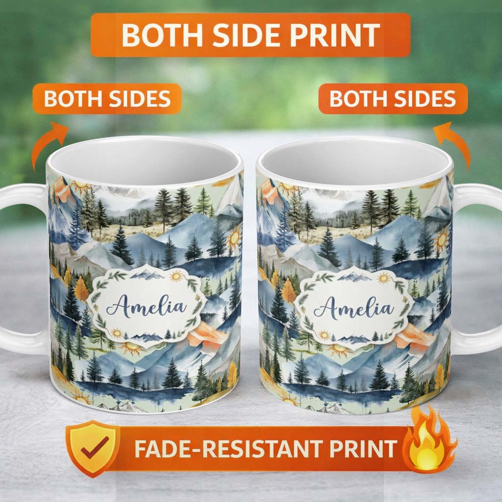 Personalized Custom Name Watercolor Mountain Forest Pine Trees Scenic Sage Green Background 11oz Ceramic Coffee Tea Mug White Large Handle