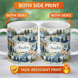 Personalized Custom Name Watercolor Mountain Forest Pine Trees Scenic Sage Green Background 11oz Ceramic Coffee Tea Mug White Large Handle