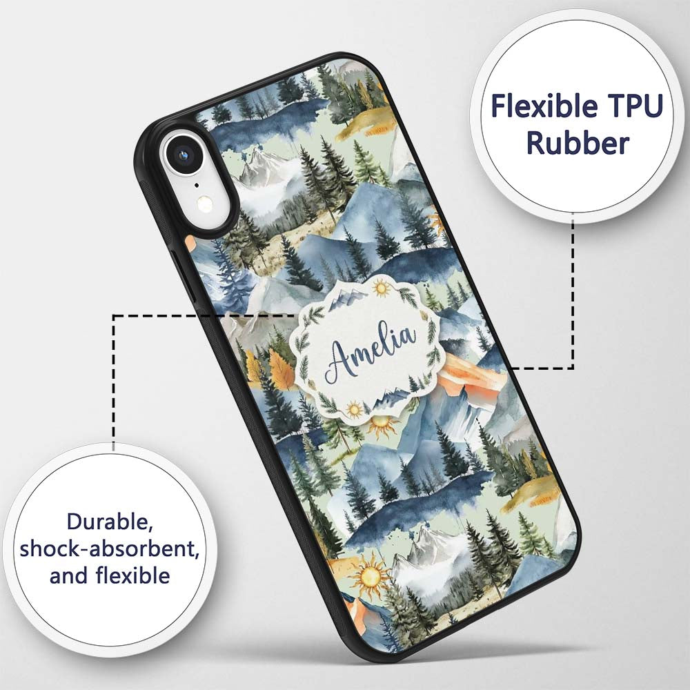 Watercolor Mountain Forest Pine Trees Scenic Sage Custom Name Protective Phone Case Mobile Cover Durable Everyday Smartphone Shock Resistant