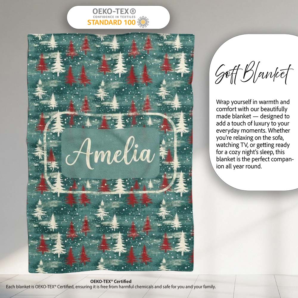 Rustic Painted Christmas Trees Vintage Seamless Pattern Lovely  Personalised Custom Name Super Soft Fleece Blanket Bed Sofa Throw