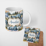Personalized Custom Name Watercolor Mountain Forest Pine Trees Scenic Blush Pink Background 11oz Ceramic Coffee Tea Mug White Large Handle