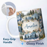Personalized Custom Name Watercolor Mountain Forest Pine Trees Scenic Blush Pink Background 11oz Ceramic Coffee Tea Mug White Large Handle