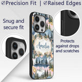 Watercolor Mountain Forest Pine Trees Scenic Custom Name Protective Phone Case Mobile Cover Durable Everyday Smartphone Shock Resistant