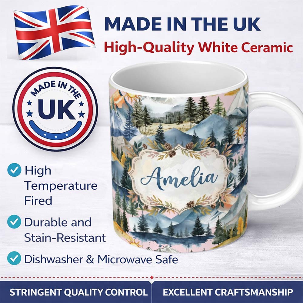 Personalized Custom Name Watercolor Mountain Forest Pine Trees Scenic Blush Pink Background 11oz Ceramic Coffee Tea Mug White Large Handle