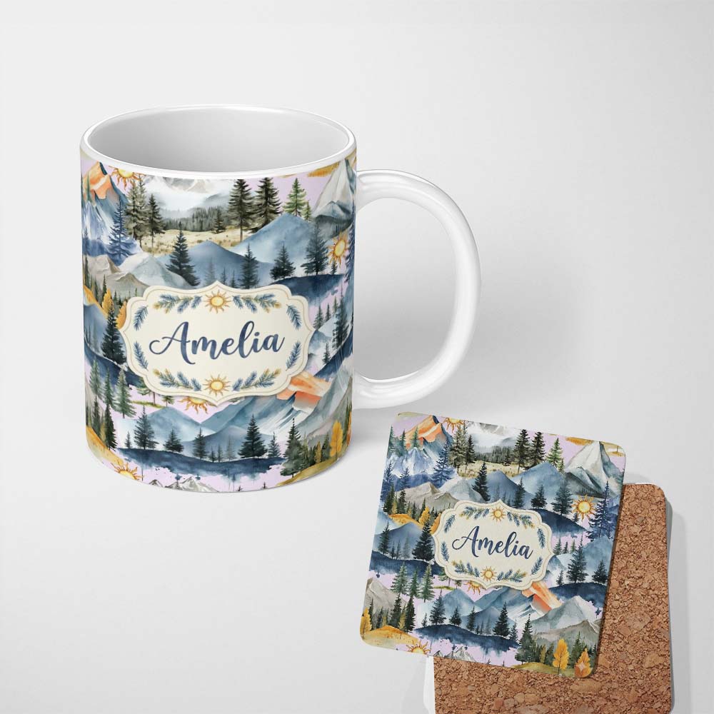 Personalized Custom Name Watercolor Mountain Forest Pine Trees Scenic Cool Grey Background 11oz Ceramic Coffee Tea Mug White Large Handle