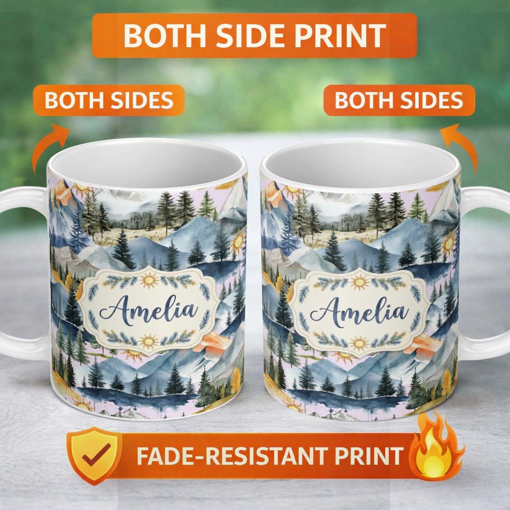 Personalized Custom Name Watercolor Mountain Forest Pine Trees Scenic Cool Grey Background 11oz Ceramic Coffee Tea Mug White Large Handle