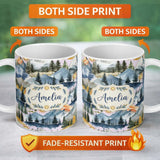 Personalized Custom Name Watercolor Mountain Forest Pine Trees Scenic Cool Grey Background 11oz Ceramic Coffee Tea Mug White Large Handle