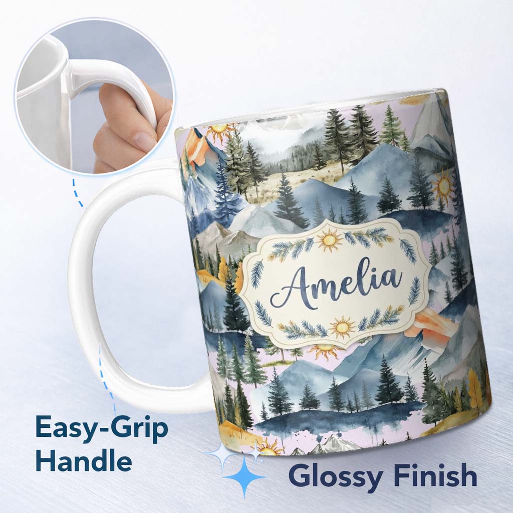 Personalized Custom Name Watercolor Mountain Forest Pine Trees Scenic Cool Grey Background 11oz Ceramic Coffee Tea Mug White Large Handle
