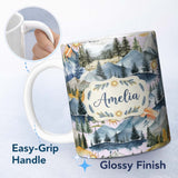 Personalized Custom Name Watercolor Mountain Forest Pine Trees Scenic Cool Grey Background 11oz Ceramic Coffee Tea Mug White Large Handle