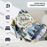 Watercolor Mountain Forest Pine Trees Scenic Cool Grey Background  Personalised Custom Name Super Soft Fleece Blanket Bed Sofa Throw