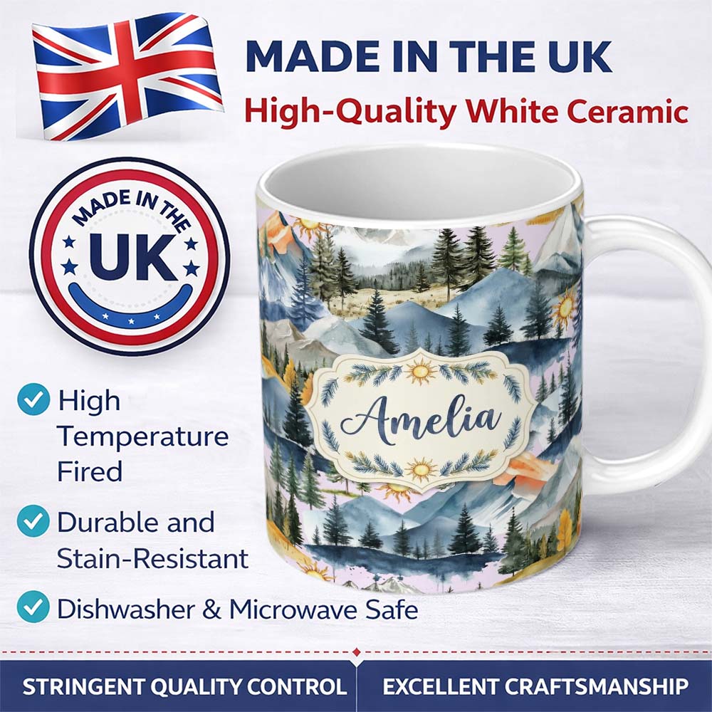 Personalized Custom Name Watercolor Mountain Forest Pine Trees Scenic Cool Grey Background 11oz Ceramic Coffee Tea Mug White Large Handle