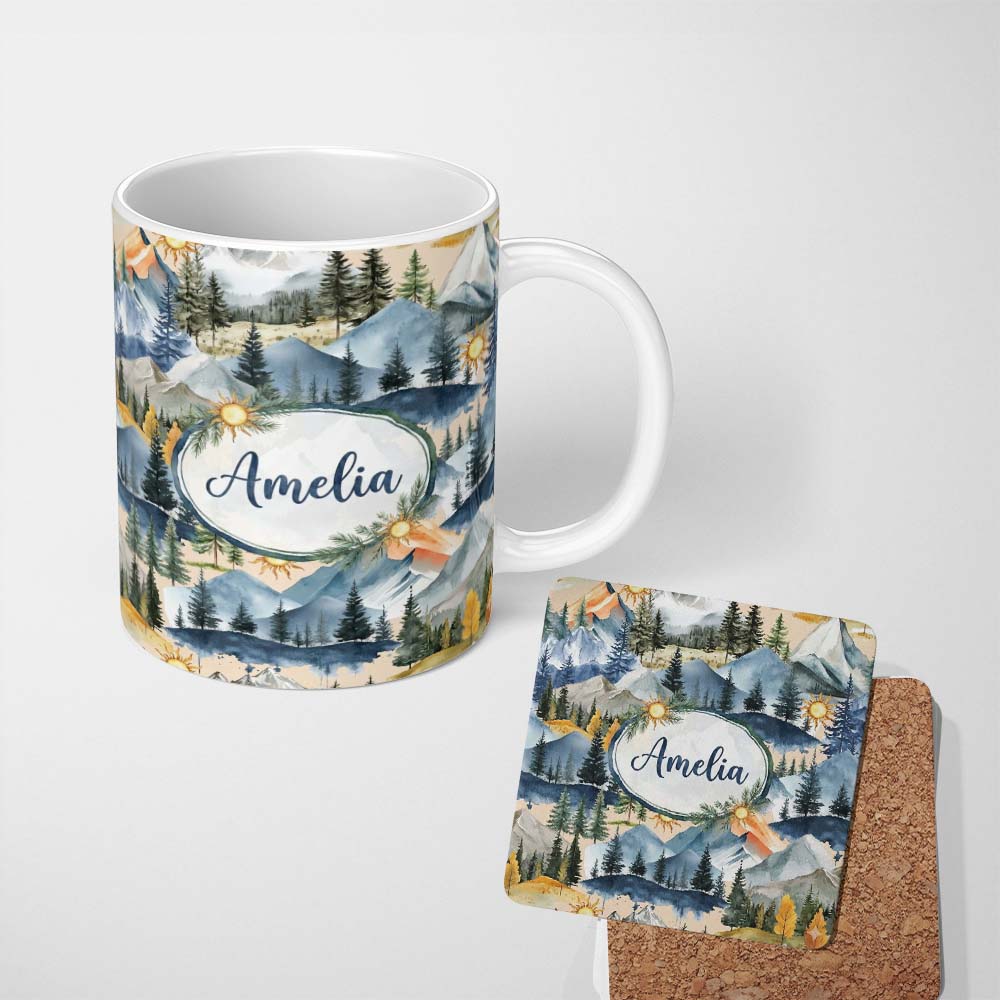 Personalized Custom Name Abstract Geometric Curved Shapes Warm Color Blocks Seamless Pattern 11oz Ceramic Coffee Tea Mug White Large Handle