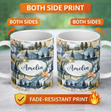 Personalized Custom Name Abstract Geometric Curved Shapes Warm Color Blocks Seamless Pattern 11oz Ceramic Coffee Tea Mug White Large Handle