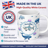 Personalized Custom Name Cute Dolphin Shark and Jellyfish Ocean Animals Light Grey Background 11oz Ceramic Coffee Tea Mug White Large Handle