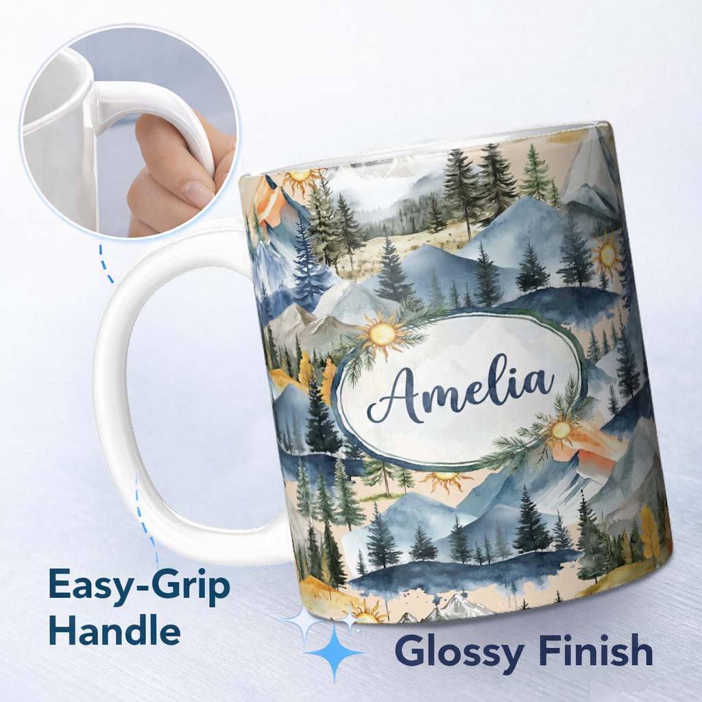 Personalized Custom Name Abstract Geometric Curved Shapes Warm Color Blocks Seamless Pattern 11oz Ceramic Coffee Tea Mug White Large Handle
