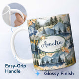Personalized Custom Name Abstract Geometric Curved Shapes Warm Color Blocks Seamless Pattern 11oz Ceramic Coffee Tea Mug White Large Handle