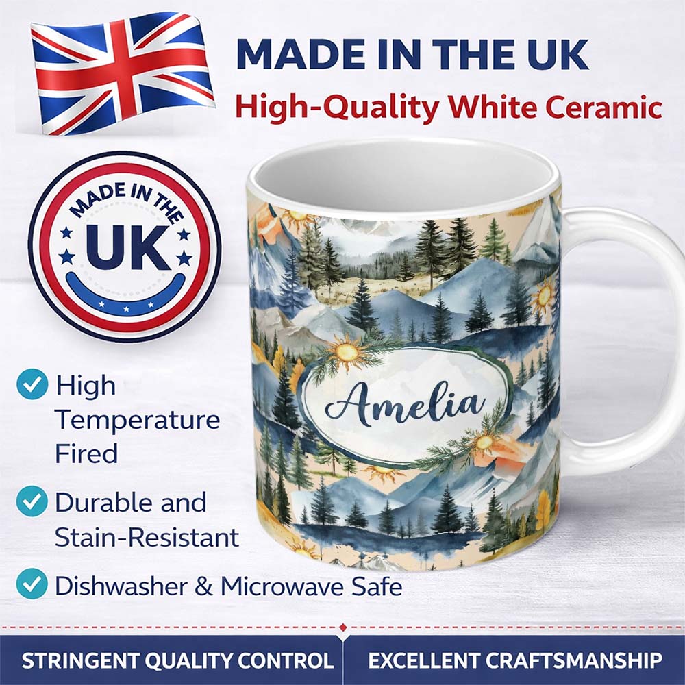 Personalized Custom Name Abstract Geometric Curved Shapes Warm Color Blocks Seamless Pattern 11oz Ceramic Coffee Tea Mug White Large Handle