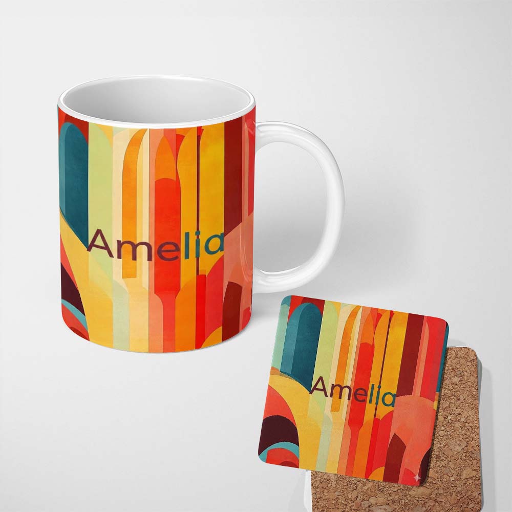 Personalized Custom Name Abstract Geometric Curved Shape Vibrant Color Composition Seamless 11oz Ceramic Coffee Tea Mug White Large Handle