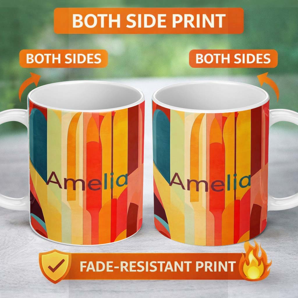 Personalized Custom Name Abstract Geometric Curved Shape Vibrant Color Composition Seamless 11oz Ceramic Coffee Tea Mug White Large Handle