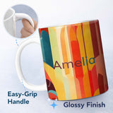 Personalized Custom Name Abstract Geometric Curved Shape Vibrant Color Composition Seamless 11oz Ceramic Coffee Tea Mug White Large Handle