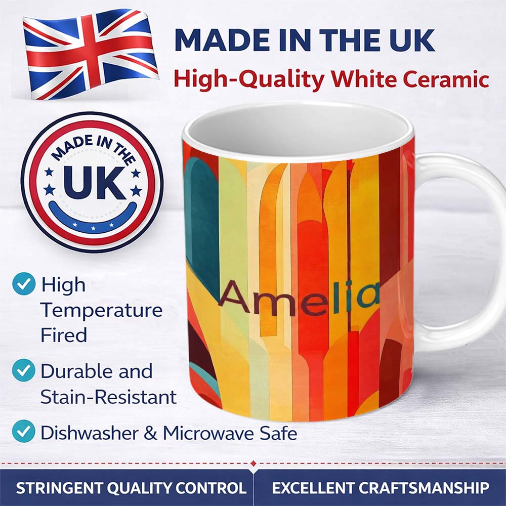Personalized Custom Name Abstract Geometric Curved Shape Vibrant Color Composition Seamless 11oz Ceramic Coffee Tea Mug White Large Handle