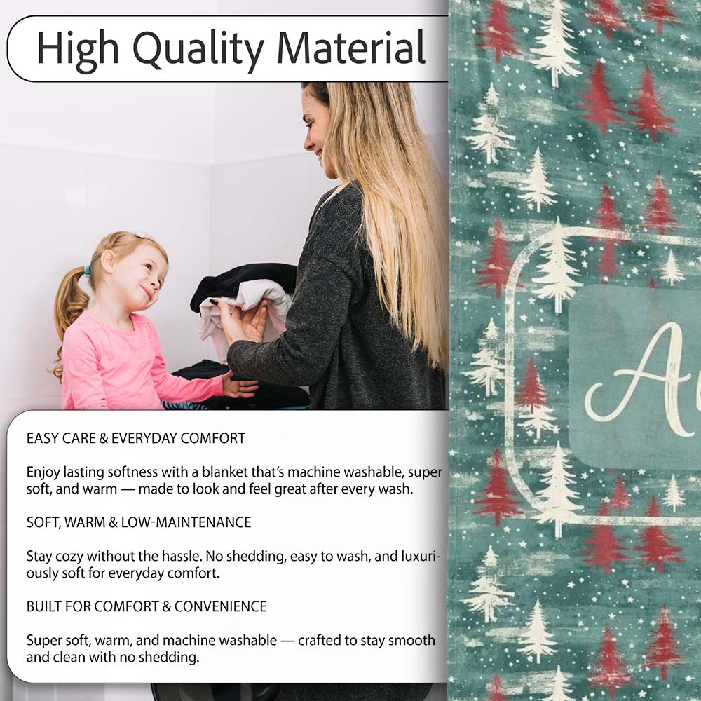Rustic Painted Christmas Trees Vintage Seamless Pattern Lovely  Personalised Custom Name Super Soft Fleece Blanket Bed Sofa Throw