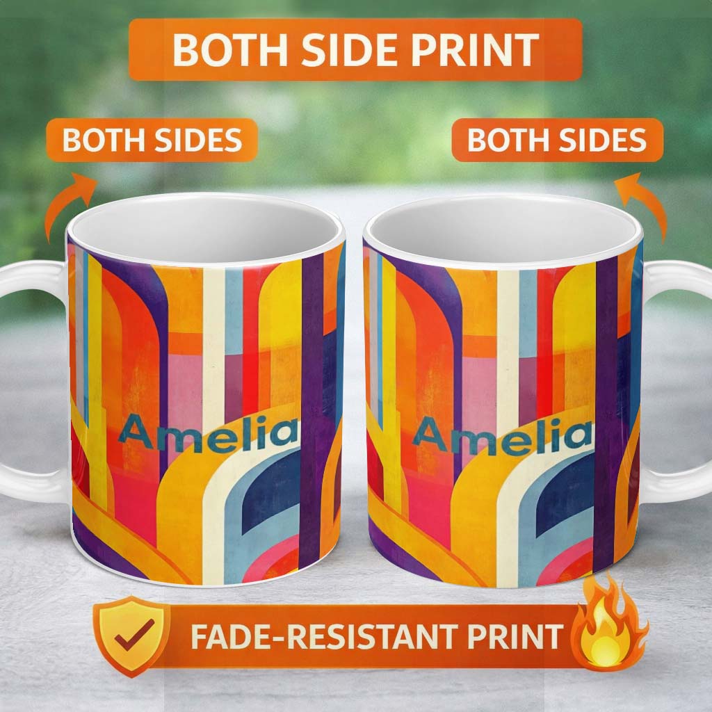 Personalized Custom Name Abstract Geometric Curved Shapes Colorful Modern Art Seamless 11oz Ceramic Coffee Tea Mug White Large Handle