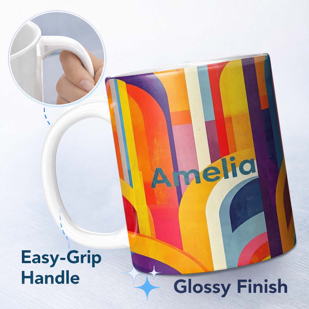 Personalized Custom Name Abstract Geometric Curved Shapes Colorful Modern Art Seamless 11oz Ceramic Coffee Tea Mug White Large Handle