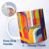 Personalized Custom Name Abstract Geometric Curved Shapes Colorful Modern Art Seamless 11oz Ceramic Coffee Tea Mug White Large Handle