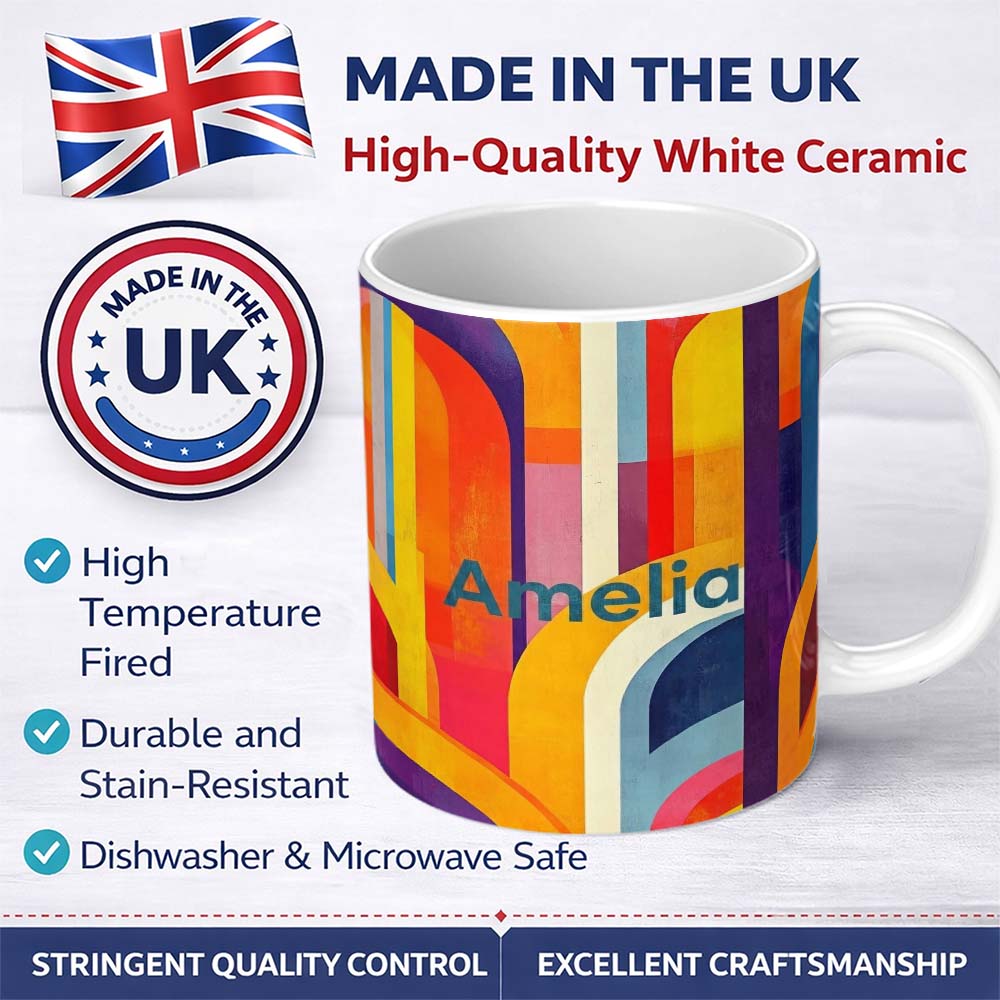 Personalized Custom Name Abstract Geometric Curved Shapes Colorful Modern Art Seamless 11oz Ceramic Coffee Tea Mug White Large Handle
