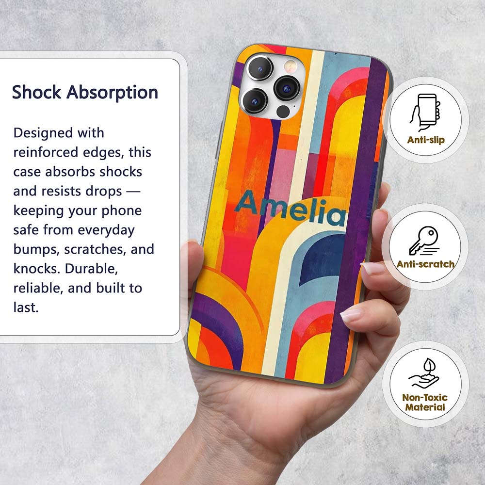 Abstract Geometric Curved Shapes Colorful Modern Custom Name Protective Phone Case Mobile Cover Durable Everyday Smartphone Shock Resistant