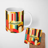 Personalized Custom Name Abstract Curved Shapes Warm Sunset Color Layers Seamless Pattern 11oz Ceramic Coffee Tea Mug White Large Handle