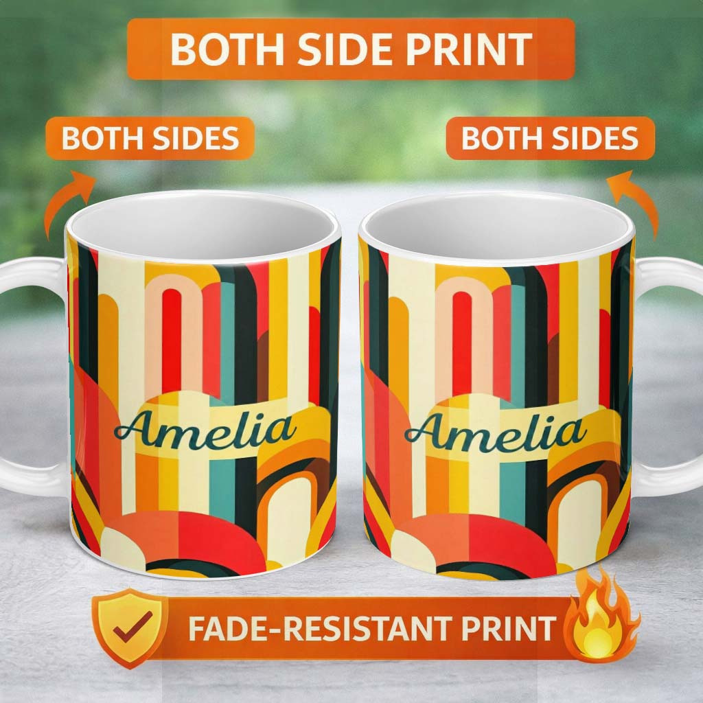 Personalized Custom Name Abstract Curved Shapes Warm Sunset Color Layers Seamless Pattern 11oz Ceramic Coffee Tea Mug White Large Handle
