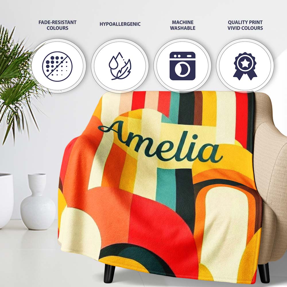 Abstract Curved Shapes Warm Sunset Color Layers Seamless Pattern  Personalised Custom Name Super Soft Fleece Blanket Bed Sofa Throw