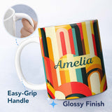 Personalized Custom Name Abstract Curved Shapes Warm Sunset Color Layers Seamless Pattern 11oz Ceramic Coffee Tea Mug White Large Handle