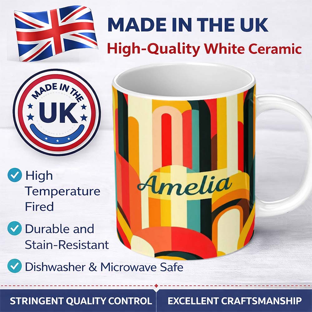 Personalized Custom Name Abstract Curved Shapes Warm Sunset Color Layers Seamless Pattern 11oz Ceramic Coffee Tea Mug White Large Handle