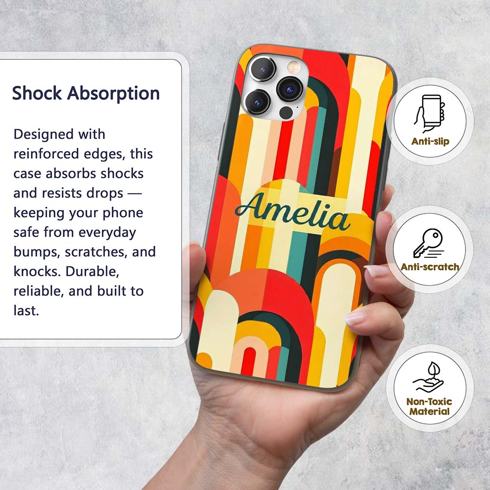 Abstract Curved Shapes Warm Sunset Color Layers Custom Name Protective Phone Case Mobile Cover Durable Everyday Smartphone Shock Resistant