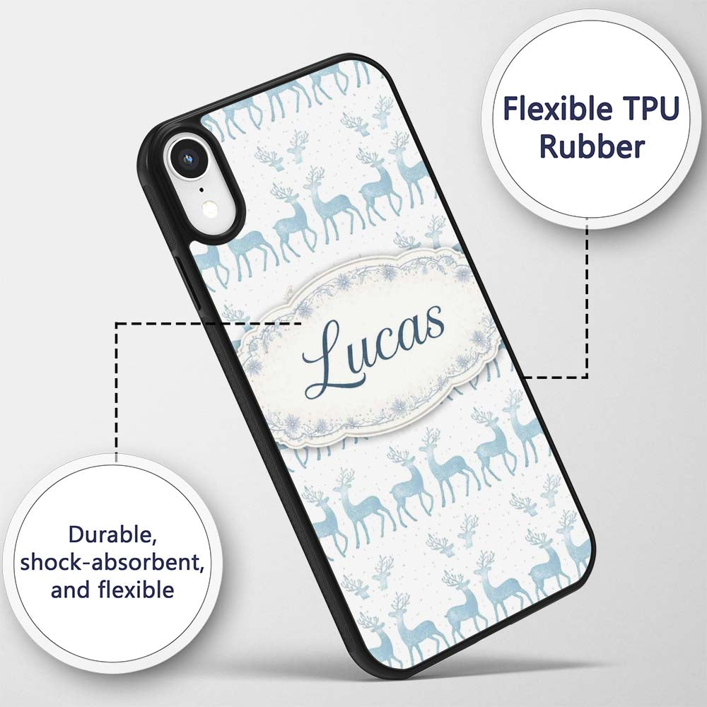 Blue Glitter Reindeer Christmas White Background Custom Name Protective Phone Case Mobile Cover Durable Everyday Smartphone Shock Resistant
