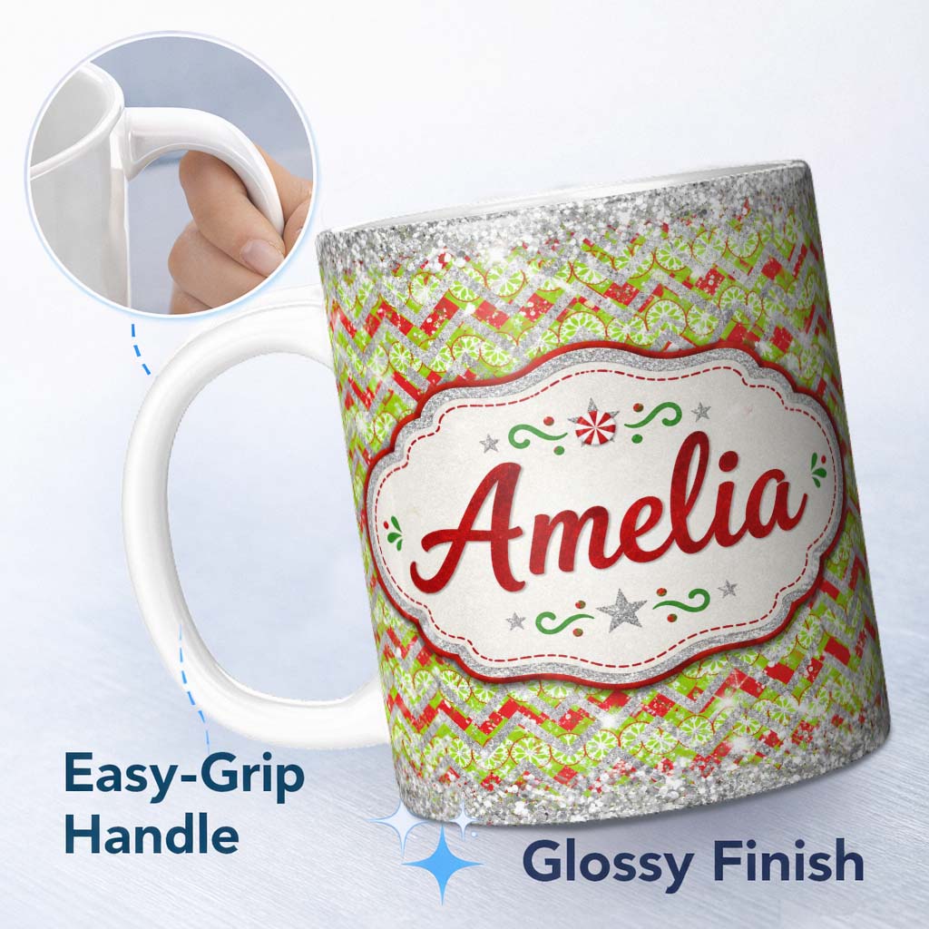Personalized Custom Name Green Red Chevron Silver Glitter Christmas Seamless Pattern Lovely 11oz Ceramic Coffee Tea Mug White Large Handle