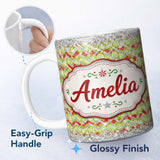 Personalized Custom Name Green Red Chevron Silver Glitter Christmas Seamless Pattern Lovely 11oz Ceramic Coffee Tea Mug White Large Handle