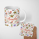 Personalized Custom Name Cute Cardinal Bird Holly Gift Heart Festive Seamless Pattern Lovely 11oz Ceramic Coffee Tea Mug White Large Handle