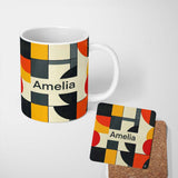 Personalized Custom Name Abstract Geometric Blocks Bold Primary Color Grid Modern Seamless 11oz Ceramic Coffee Tea Mug White Large Handle