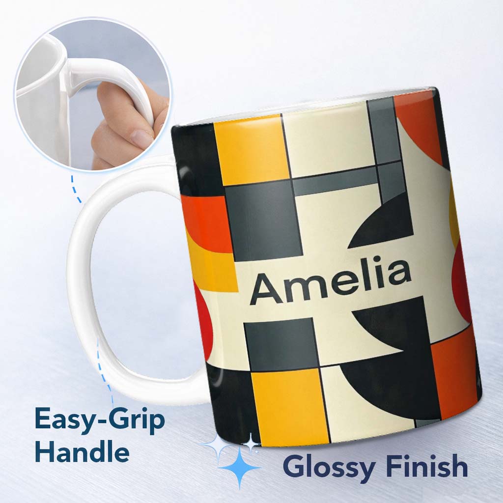 Personalized Custom Name Abstract Geometric Blocks Bold Primary Color Grid Modern Seamless 11oz Ceramic Coffee Tea Mug White Large Handle