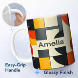 Personalized Custom Name Abstract Geometric Blocks Bold Primary Color Grid Modern Seamless 11oz Ceramic Coffee Tea Mug White Large Handle