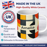 Personalized Custom Name Abstract Geometric Blocks Bold Primary Color Grid Modern Seamless 11oz Ceramic Coffee Tea Mug White Large Handle