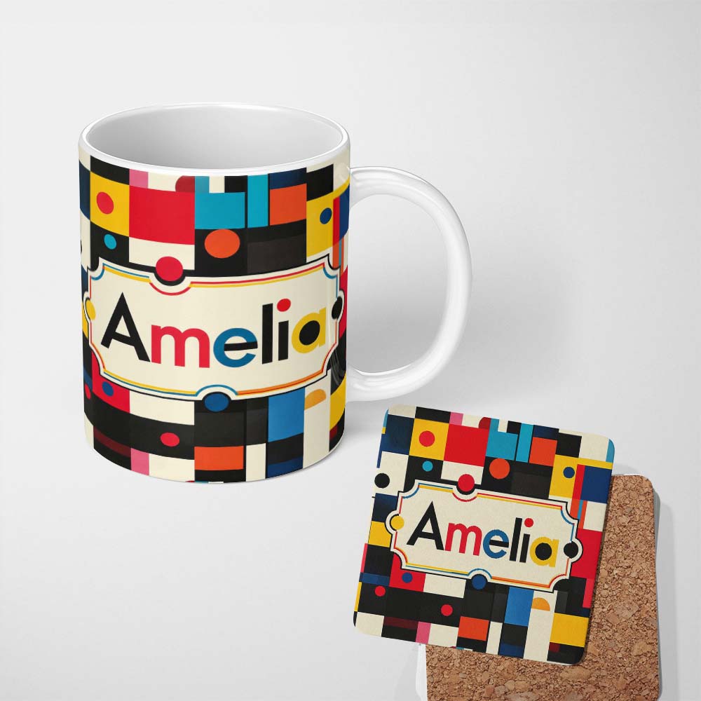 Personalized Custom Name Abstract Colorful Geometric Shapes with Circles Modern Art Seamless 11oz Ceramic Coffee Tea Mug White Large Handle