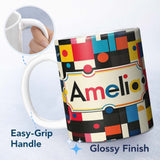 Personalized Custom Name Abstract Colorful Geometric Shapes with Circles Modern Art Seamless 11oz Ceramic Coffee Tea Mug White Large Handle