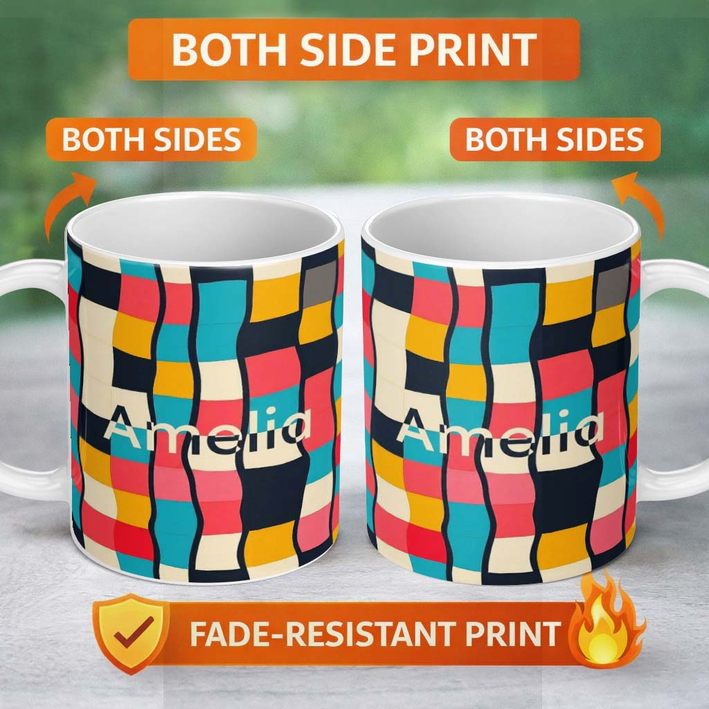 Personalized Custom Name Abstract Wavy Checkered Pattern Soft Pastel Color Blocks Seamless 11oz Ceramic Coffee Tea Mug White Large Handle