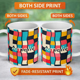 Personalized Custom Name Abstract Wavy Checkered Pattern Soft Pastel Color Blocks Seamless 11oz Ceramic Coffee Tea Mug White Large Handle